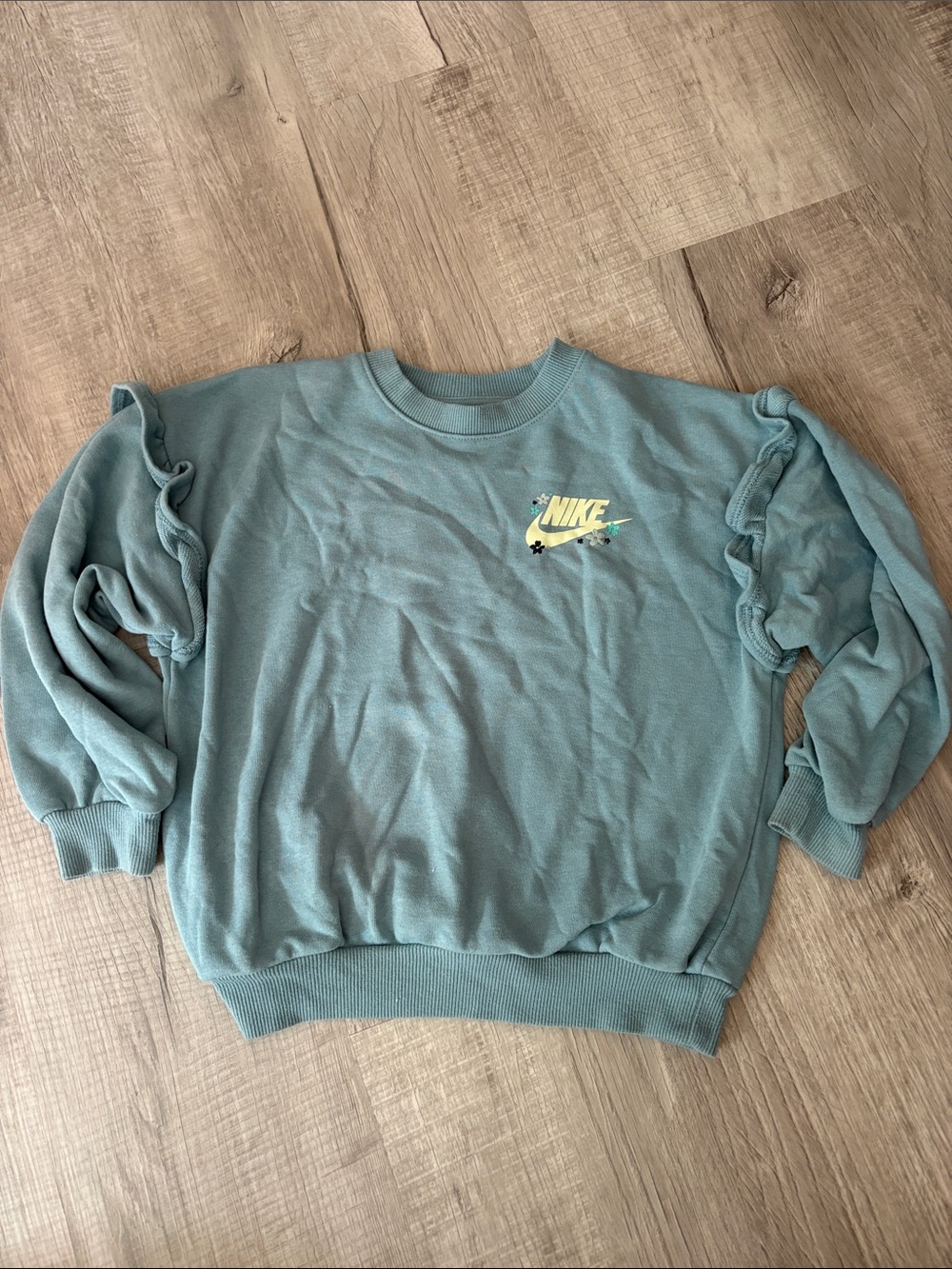 Nike Teal Ruffle-Sleeve Crew Sweatshirt with Neon Logo